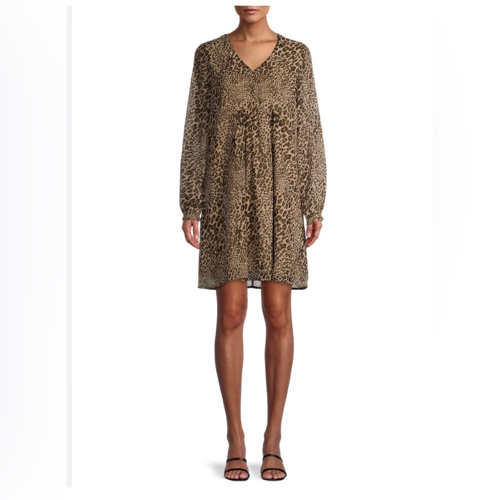 NWT Long Sleeve Peasant Dress Leopard Print V Neck Sheer Lined size Medium 8/10